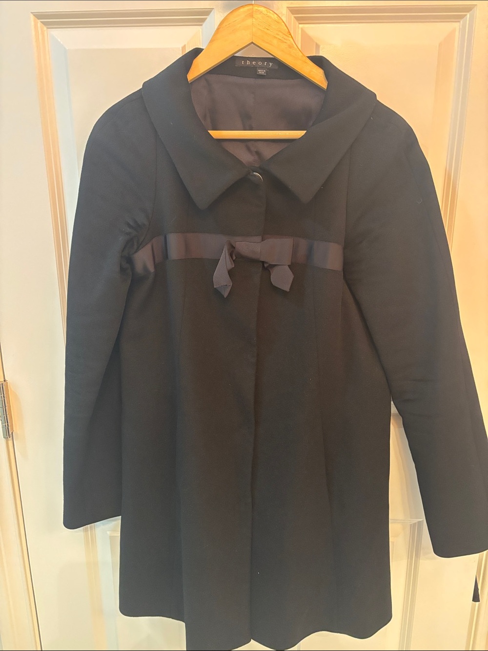 Theory Black Wool Coat with Ribbon Bow